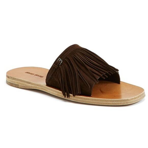 Miu Miu Fringe Brown Suede Mule Sandals Size 36.5 - Picture 1 of 9
